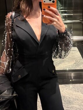 Elisabetta Franchi Black Embellished Tulle-Sleeve Jumpsuit